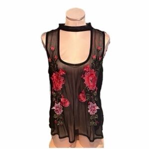 Size S/M BNWOT Floral Embroidered/ Appliqué Sheer mesh Black Top